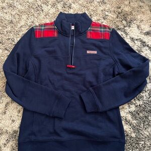 Vineyard Vines Navy Half-Zip Sweatshirt with Red Plaid Accents